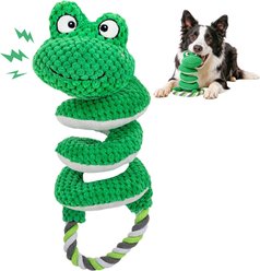 Potaroma Long Neck Frog Interactive Squeaky Exercise Plush & Stretchy Tug of War Chew Dog Toy with Durable Cotton Rope Handle, Green