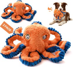 Potaroma Interactive Tug of War Octopus Crinkle & Squeaky Plush Dog Toy, Orange, 2 count