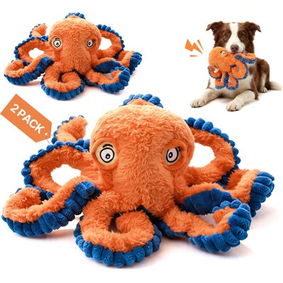 Potaroma Potaroma Soft Interactive Tug of War Light Chewing Octopus Indoor Crinkle & Squeaky Plush Dog Toy, Orange, 2 count
