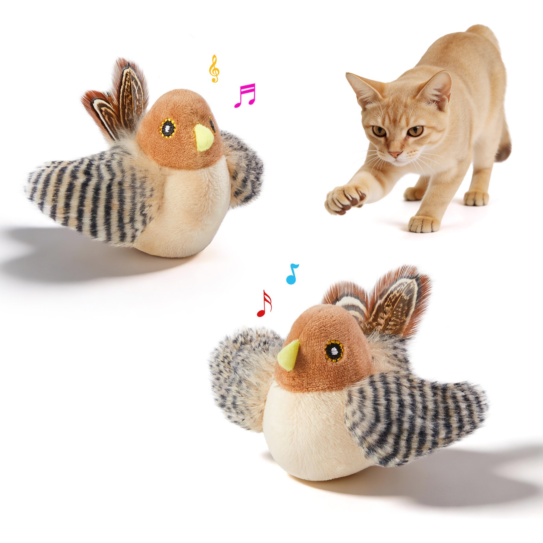 Potaroma Interactive Lifelike Chirping Bird Cat Chew Toy with Catnip, Multicolor, 2 count