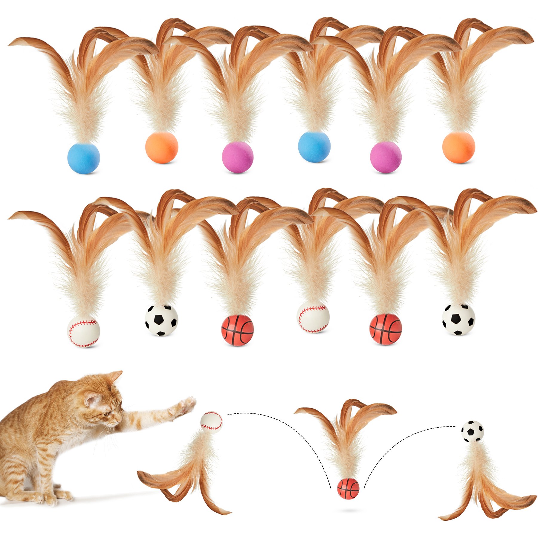Potaroma Feather Chase & Fetch Ball Cat Chew Toy, Multicolor, 12 count