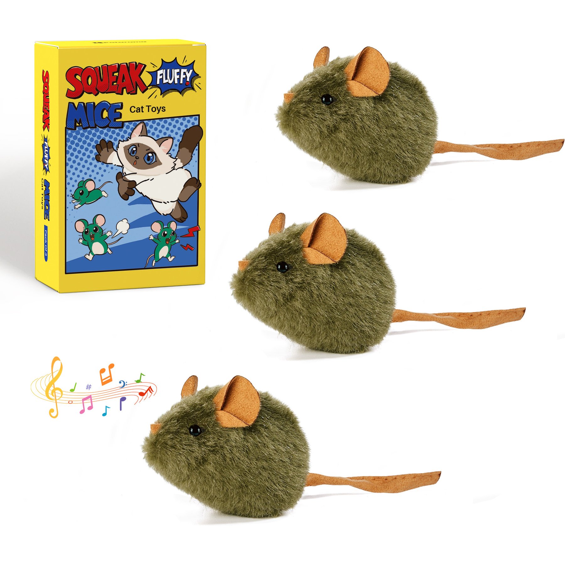 Potaroma Realistic Squeaky Plush Mice Cat Plush Toy with Catnip, Green, 3 count