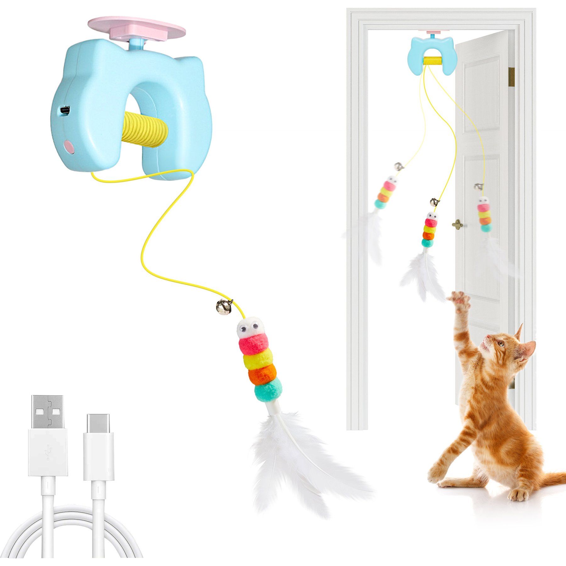 Potaroma Automatic Worm Feather Wand Teaser Retractable Hanging Indoor Cat Hanging Toy, Multicolor