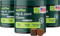 Wuffes Advanced Hip & Joint Chews with Glucosamine & Chondroitin Pork Liver Flavored Soft Chews for Small & Medium Dogs, 60 count, case of 3