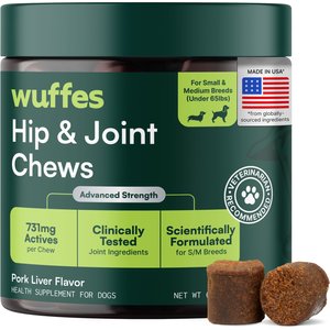 Wuffes Advanced Hip & Joint Chews with Glucosamine & Chondroitin Pork Liver Flavored Soft Chews for Small & Medium Dogs, 60 count
