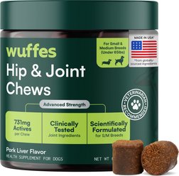 Wuffes Advanced Hip & Joint Chews with Glucosamine & Chondroitin Pork Liver Flavored Soft Chews for Sm...