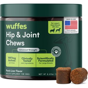 Wuffes Advanced Hip & Joint Chews with Glucosamine & Chondroitin Pork Liver Flavored Soft Chews for Large Dogs, 30 count