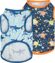 CuteBone Shark & Turtle Dog T-Shirt, Blue & Orange, Small, 2 count