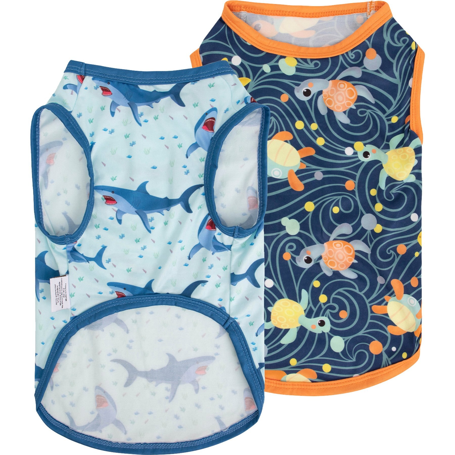 CuteBone Shark & Turtle Dog T-Shirt, Blue & Orange, Small, 2 count