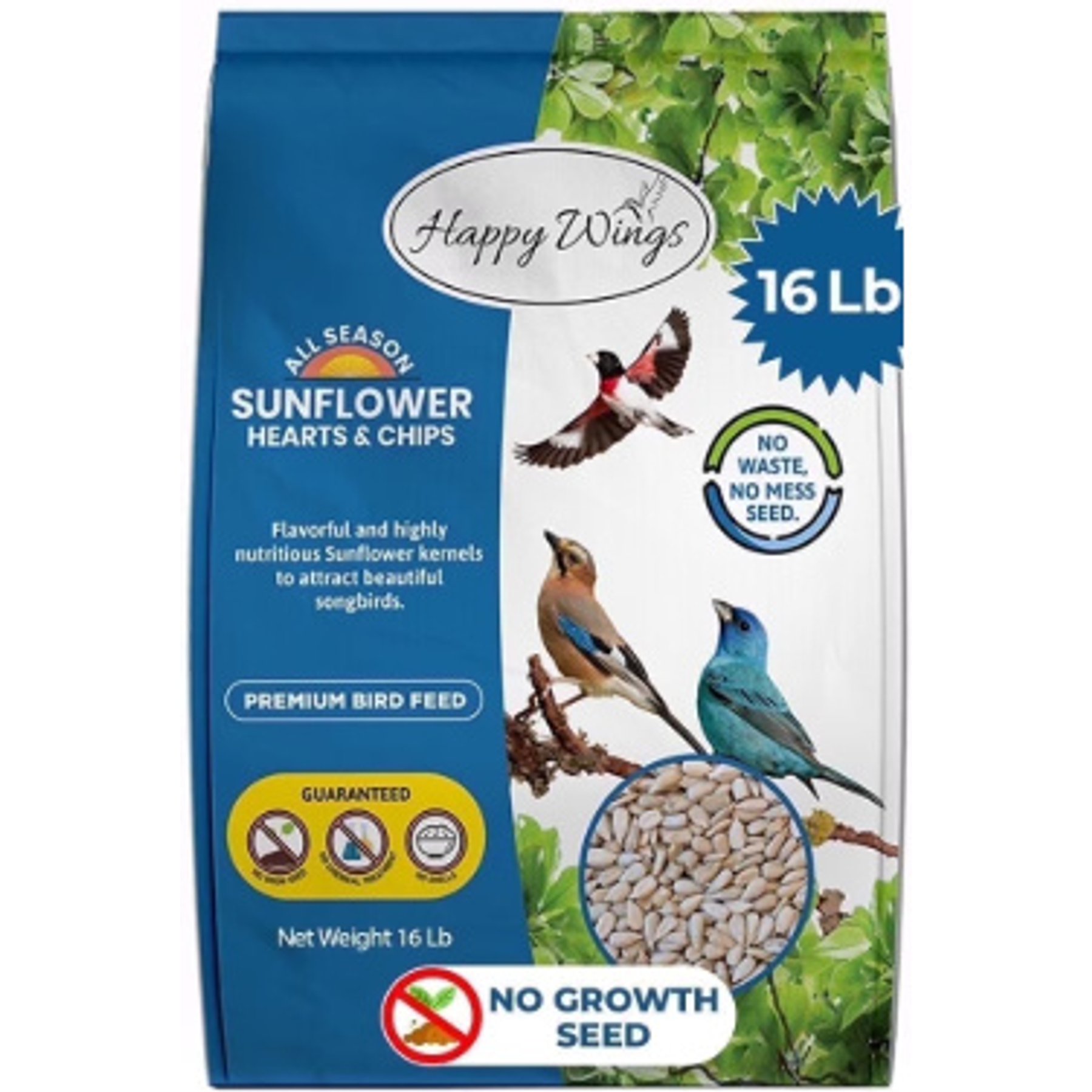 Happy Wings NO GROW Sunflower Hearts & Chips Wild Bird Food, 16-lb bag