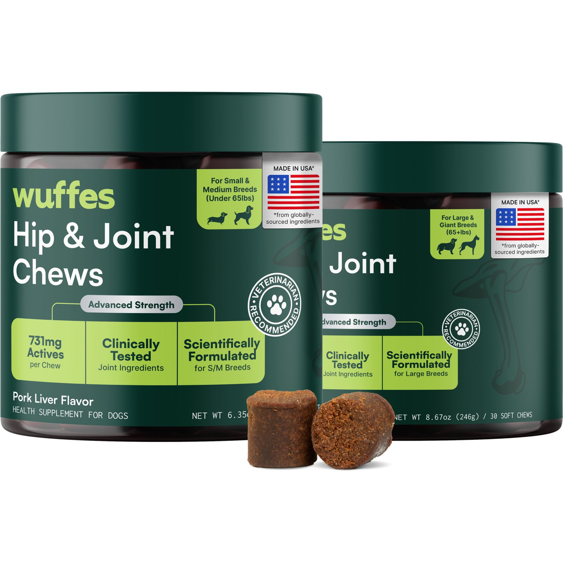 Wuffes Advanced Hip & Joint Soft Chews with Glucosamine, Chondroitin, Omega-3 & MSM for Small & Medium Dogs, 60 count & Large Breed Dogs, 30 count