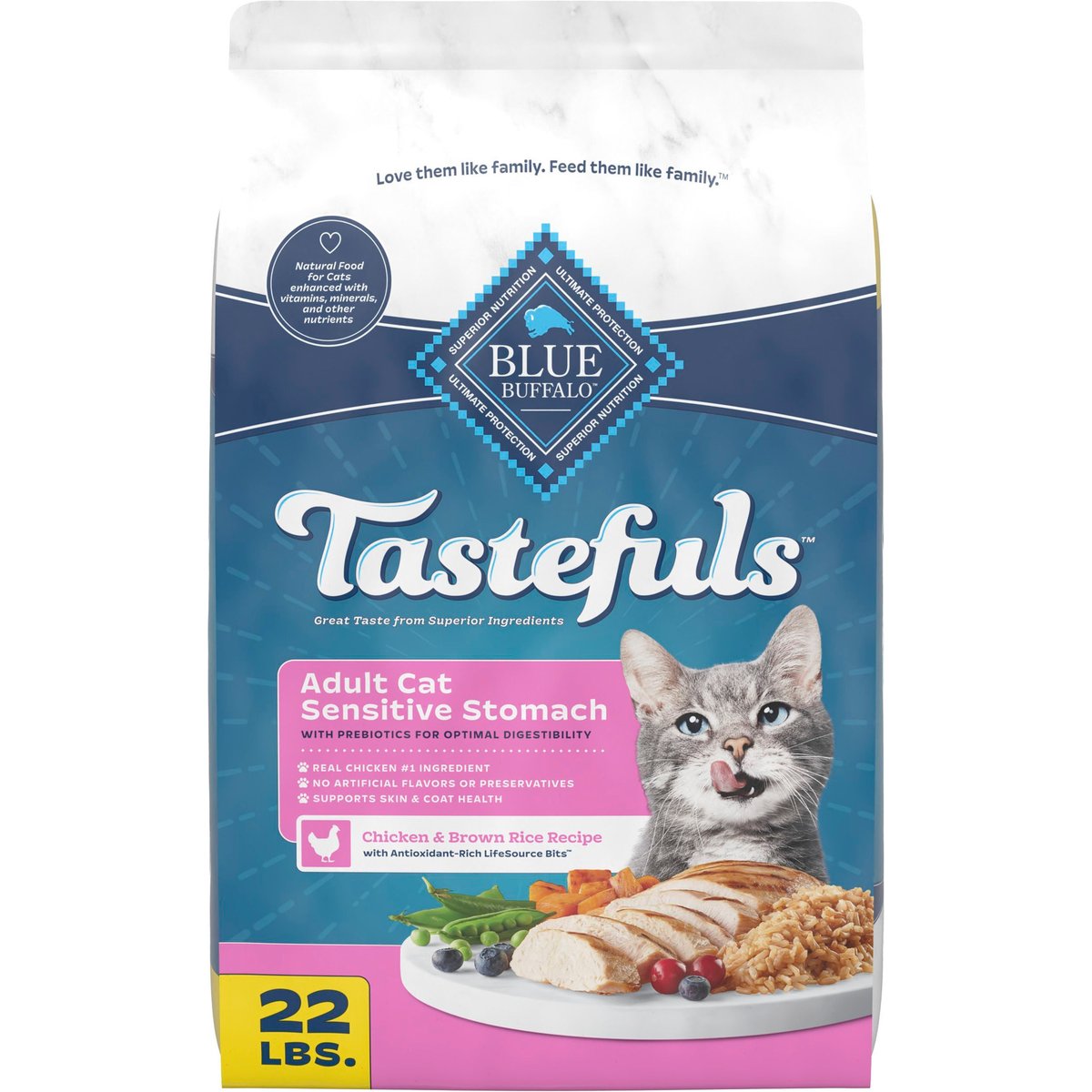 Blue Buffalo Tastefuls Chicken & Brown Rice Recipe Sensitive Stomach Adult Dry Cat Food, 22-lb bag