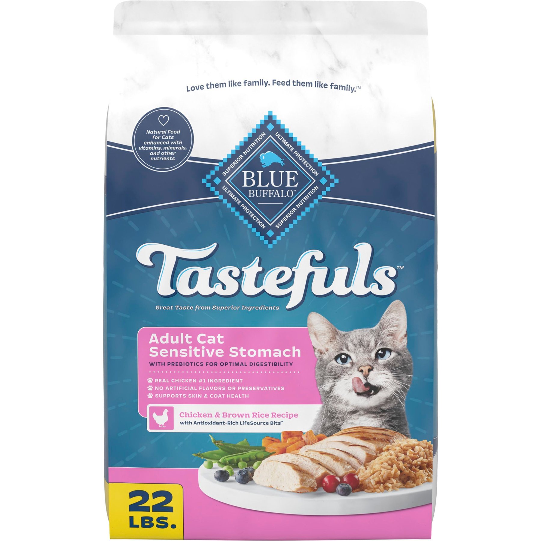 Blue Buffalo Blue Buffalo Tastefuls Chicken & Brown Rice Recipe Sensitive Stomach Adult Dry Cat Food, 22-lb bag