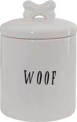 Storied Home Farmhouse Ceramic Jar with Woof Message & Lid with Bone, White/Black