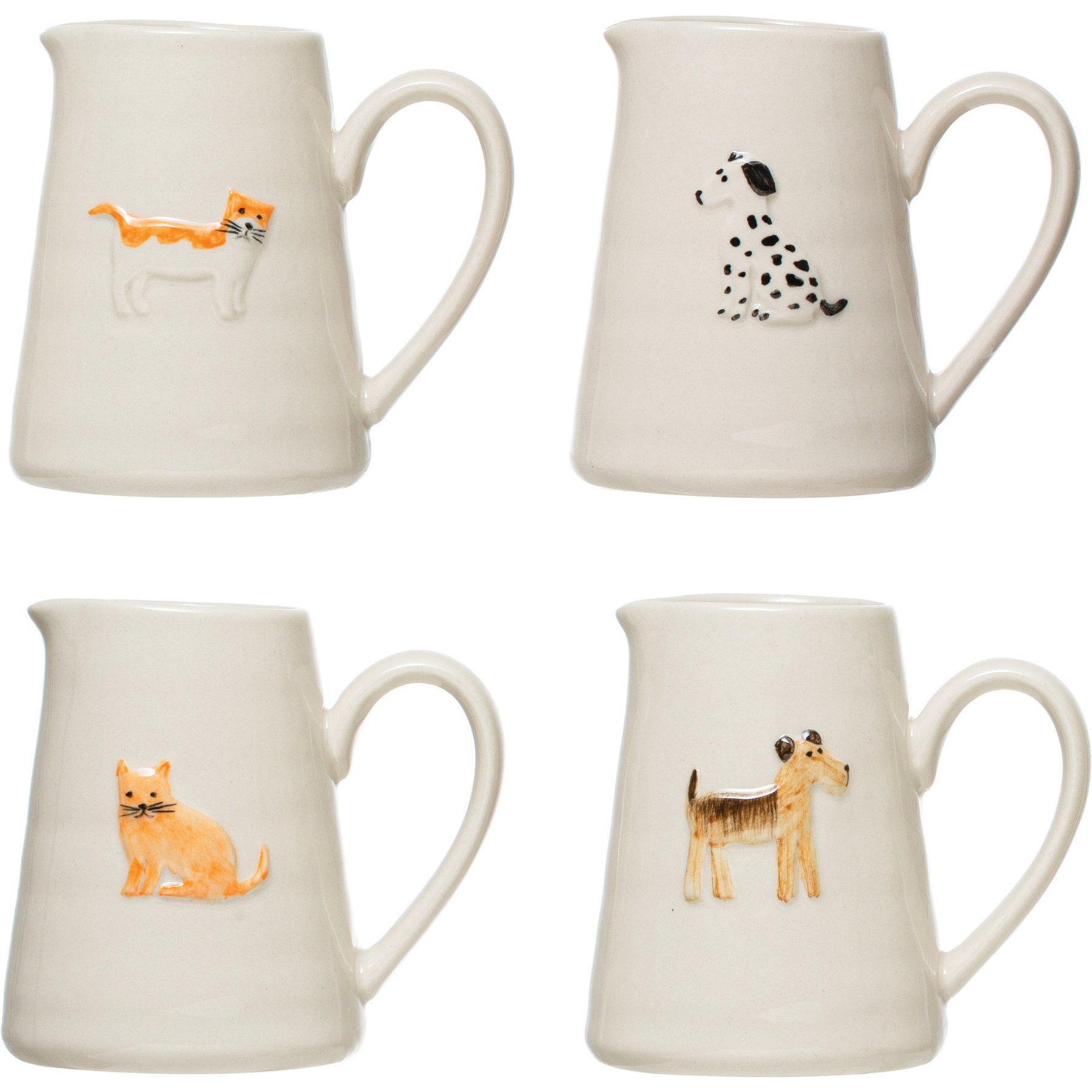 Storied Home Ceramic Pitchers with Hand-Painted & Embossed Cat & Dog Designs Coffee Mug, Set of 4