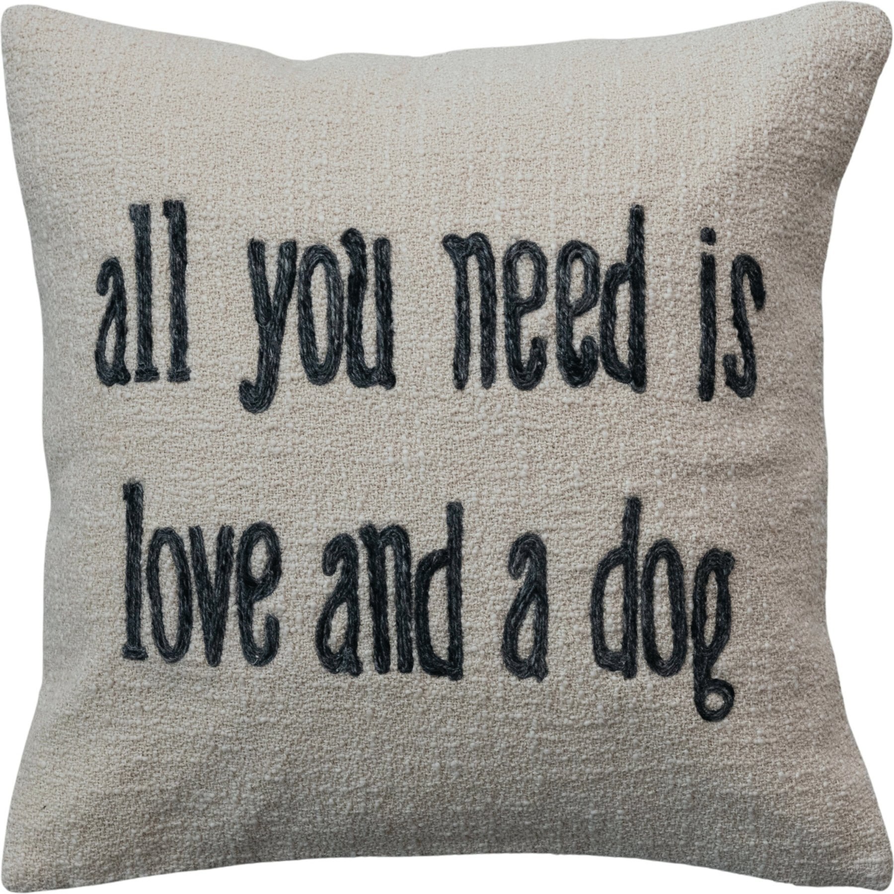 Storied Home Square Cotton & Jute Pillow with Embroidered All You Need Text, White