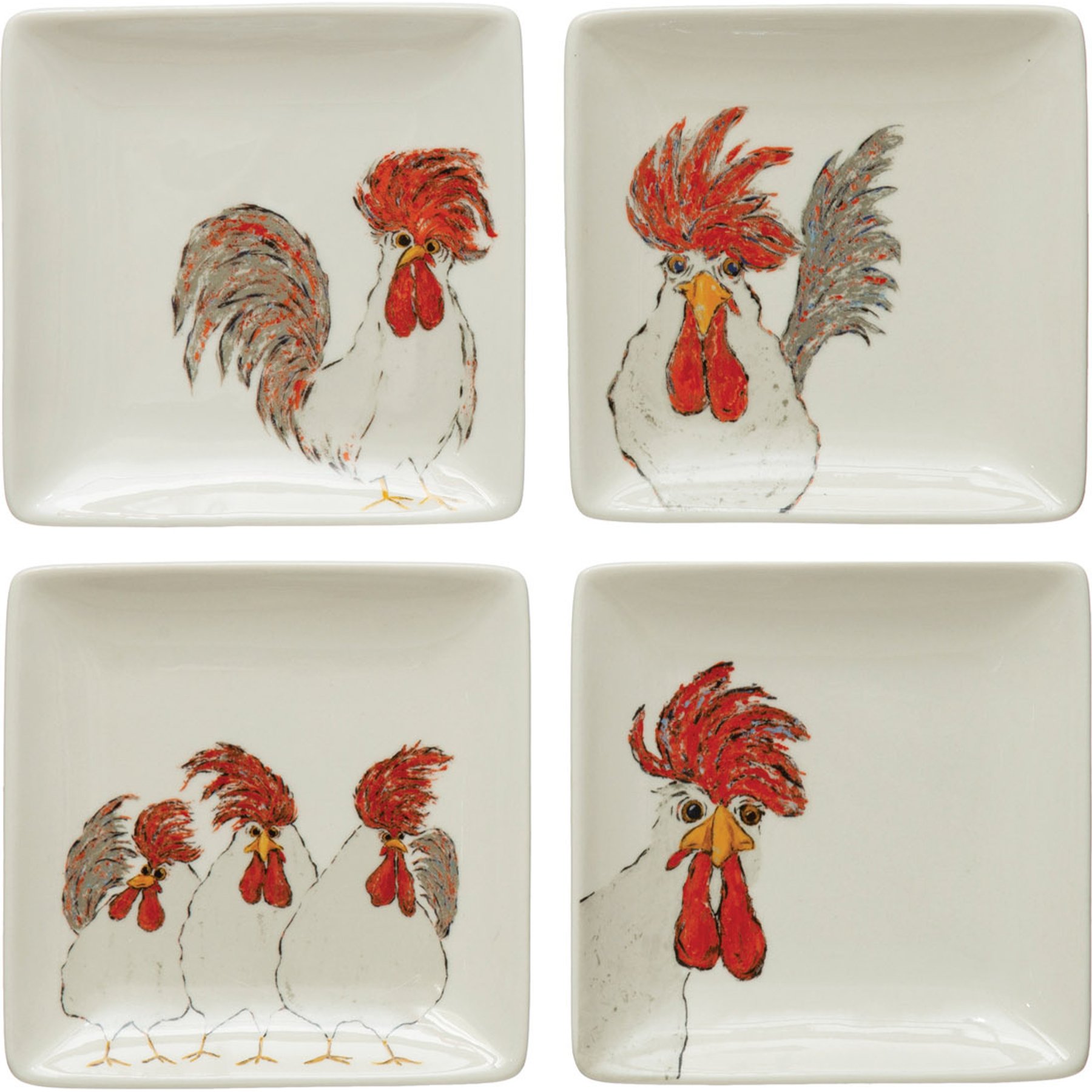 Storied Home Stoneware Plate with Chicken, Set of 4
