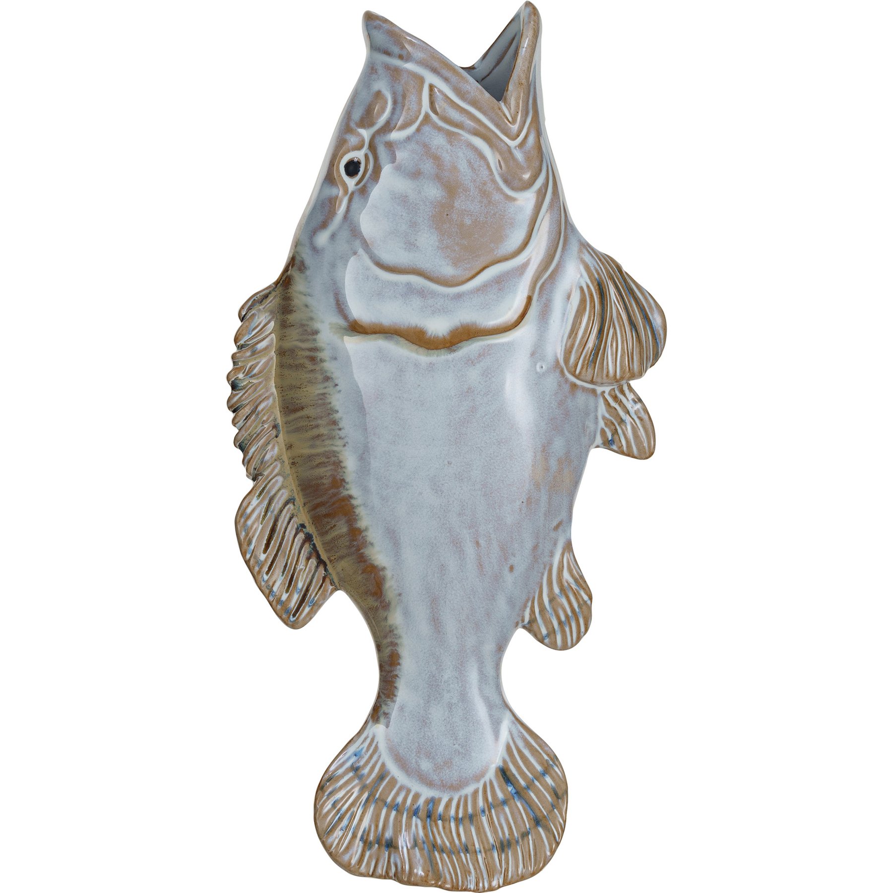 Storied Home Stoneware Fish Shaped Wall Vase Canvas Art with Reactive Glaze, White/Tan