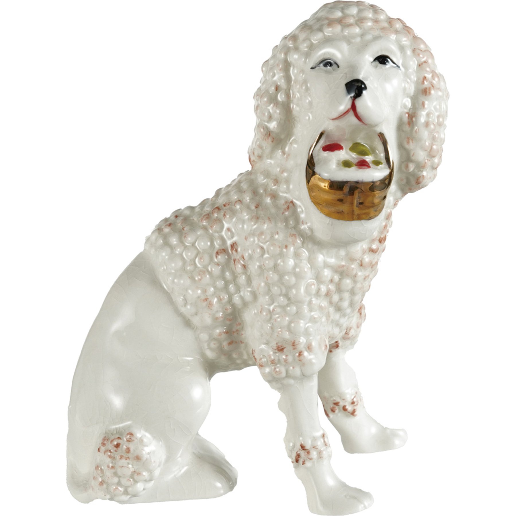 Storied Home Stoneware Vintage Staffordshire Poodle Basket & Gold Electroplating Memorial Keepsake