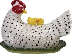 Storied Home Hand-Painted Stoneware Vintage Reproduction Hen Shaped Butter Ceramic Dish with Chicks, Multicolor