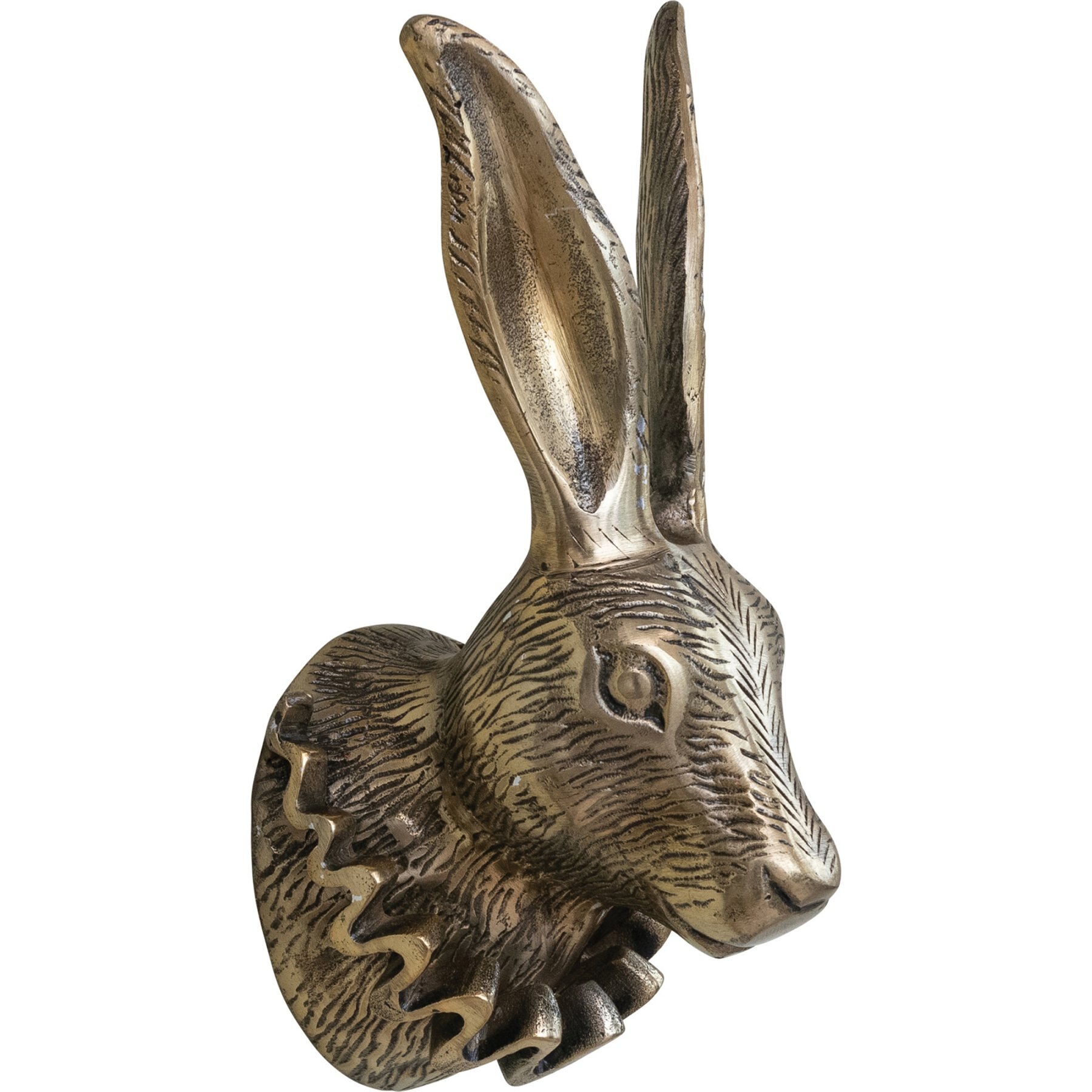 Storied Home Cast Aluminum Rabbit Head with Ruff Collar Wall Decor Ceramic Dish, Antique Brass Finish
