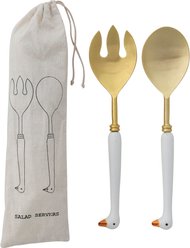Storied Home Stainless Steel Spoon & Fork Salad Servers Memorial Keepsake with Aluminum Goose-Shaped Handles, Gold Finish/White/Orange