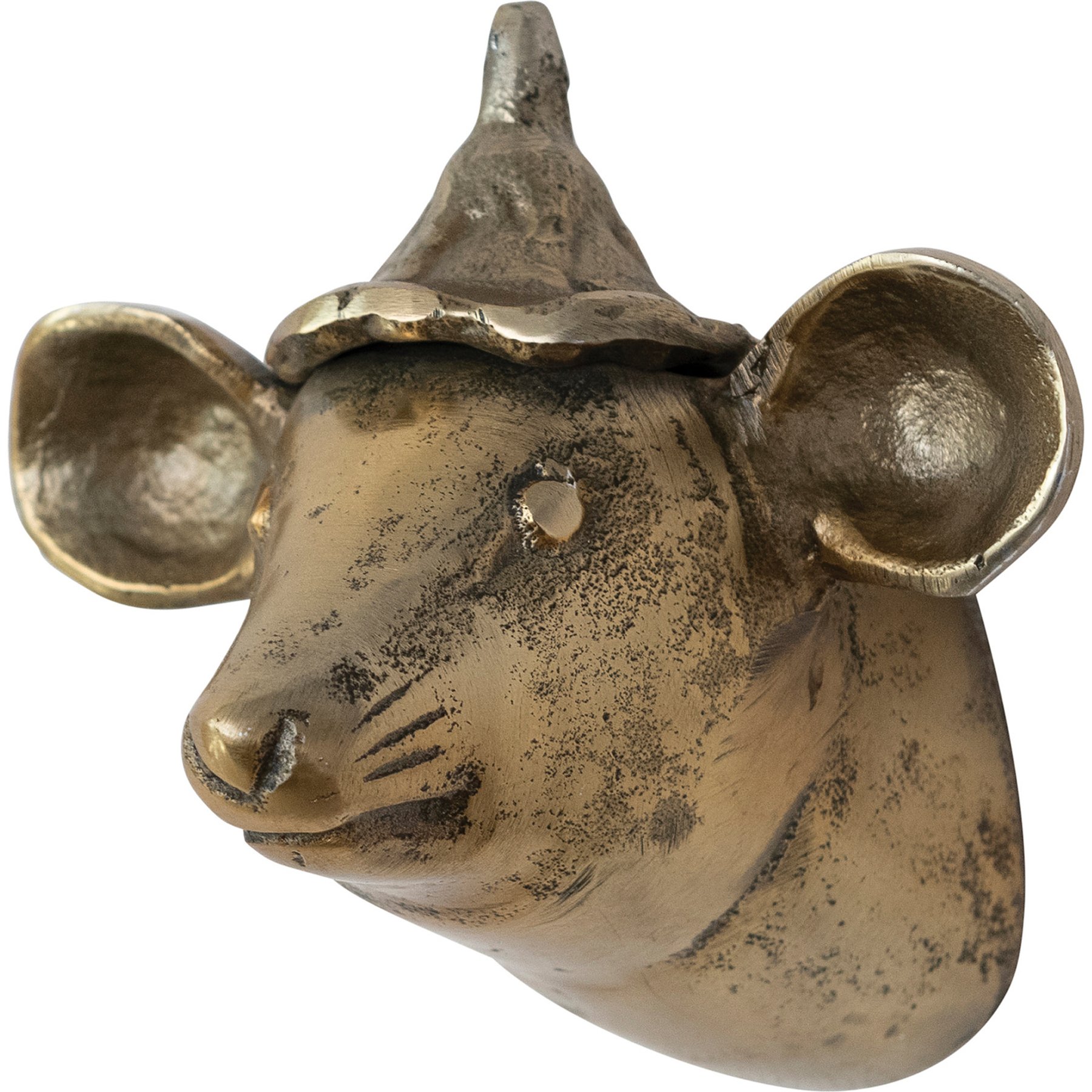 Storied Home Cast Aluminum Mouse Head with Hat Wall Decor, Antique Brass Finish