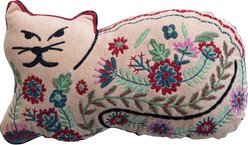 Storied Home Cotton Velvet Cat Shaped Pillow with Botanicals & Embroidery, Multicolor