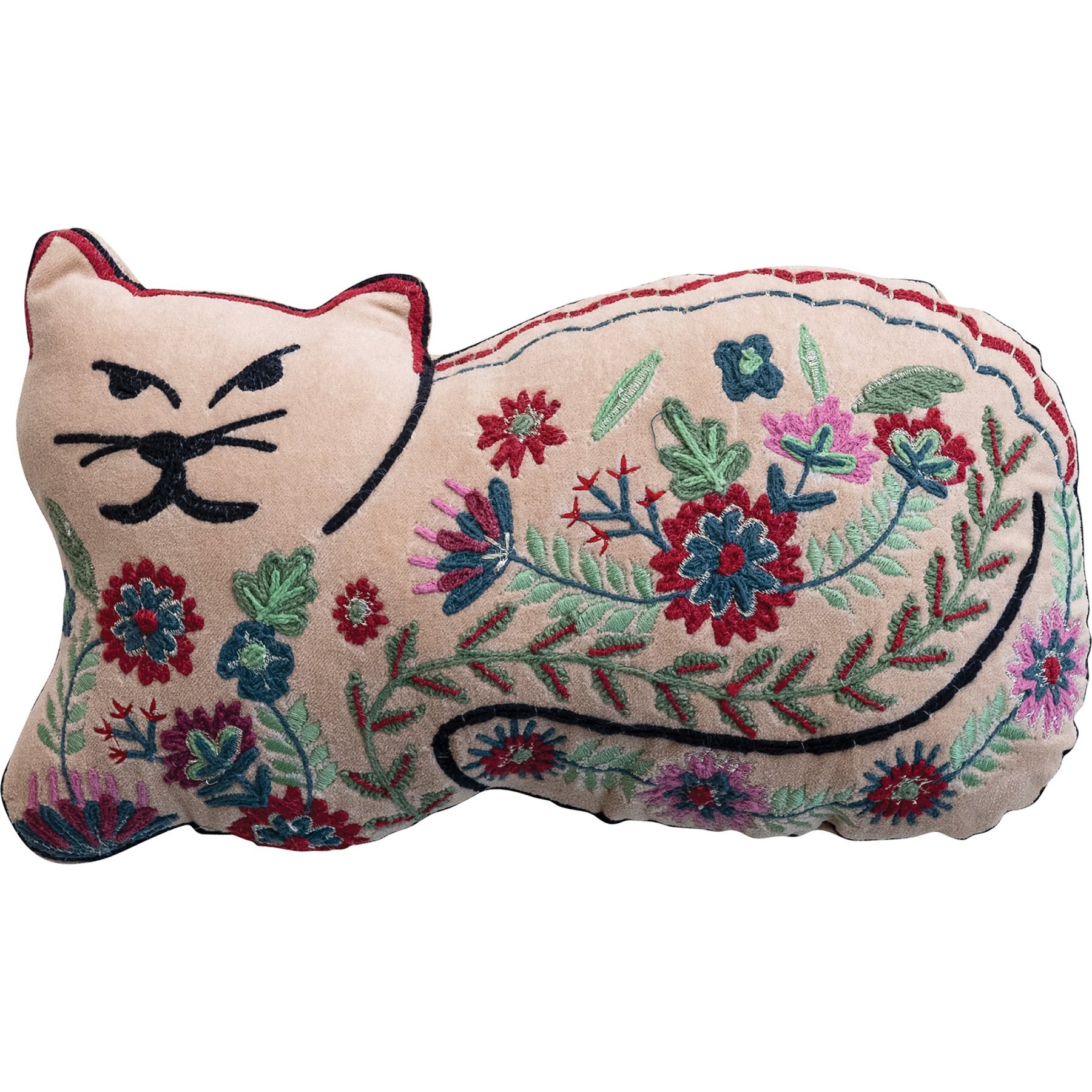 Storied Home Cotton Velvet Cat Shaped Pillow with Botanicals & Embroidery, Multicolor