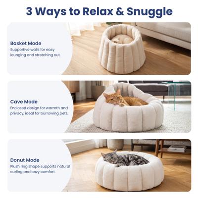 Show full view: PawsPik 3-in-1 Convertible Plush Cave & Donut Bolster Dog & Cat Bed, Medium, Cream slide 3 of 9