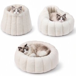 PawsPik 3-in-1 Convertible Plush Cave & Donut Bolster Dog & Cat Bed, Medium, Cream
