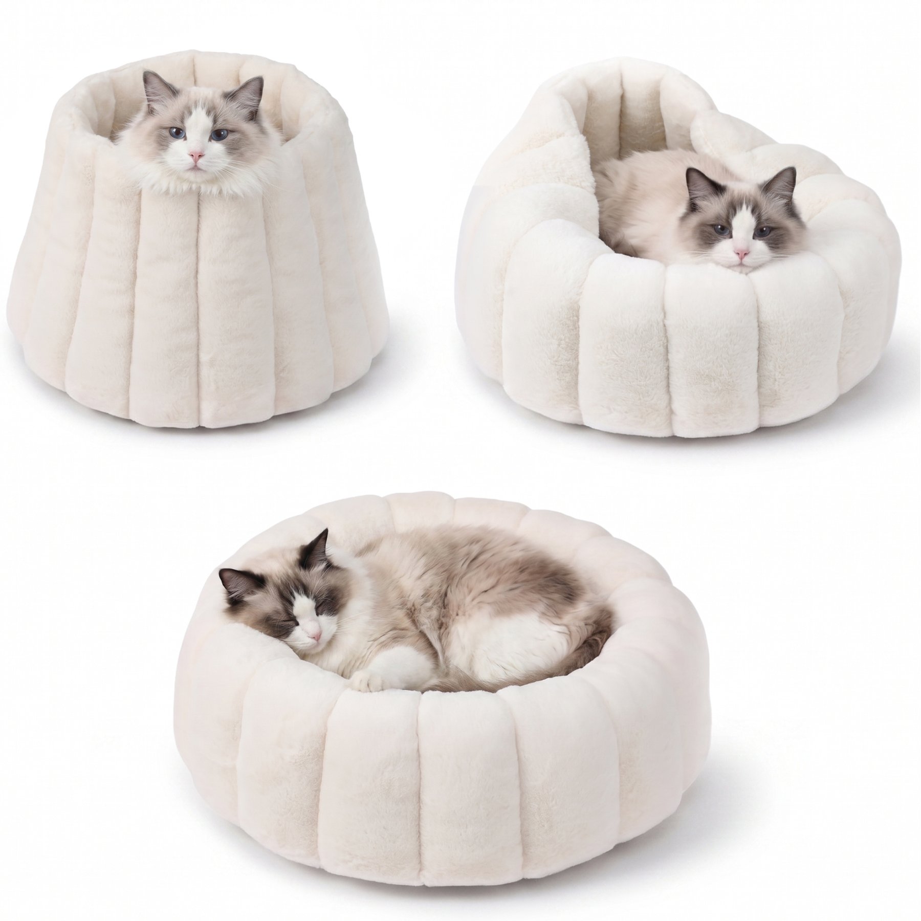 PawsPik 3-in-1 Convertible Plush Cave & Donut Bolster Dog & Cat Bed, Medium, Cream