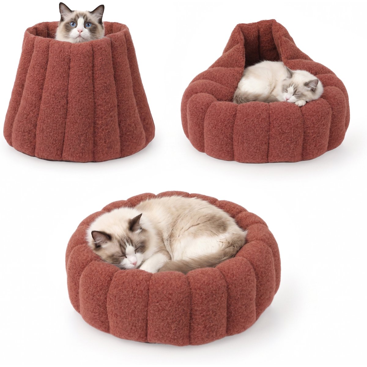 PawsPik 3-in-1 Convertible Plush Cave & Donut Bolster Dog & Cat Bed, Medium, Orange