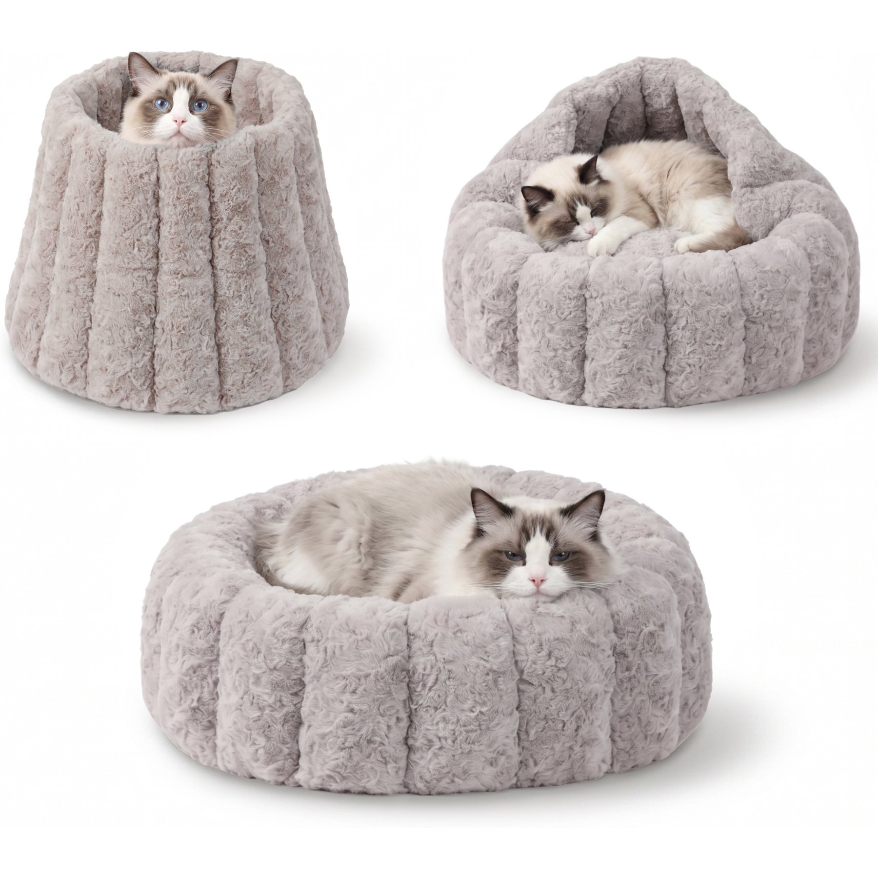 PawsPik 3-in-1 Convertible Plush Cave & Donut Bolster Dog & Cat Bed, Medium, Gray
