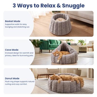 Show full view: PawsPik 3-in-1 Convertible Plush Cave & Donut Bolster Dog & Cat Bed, Medium, Gray slide 3 of 9