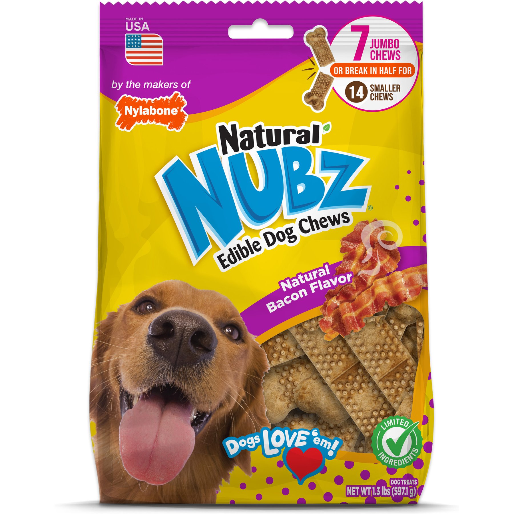 Nylabone Nubz Jumbo Bacon Hard Dog Chew Treats, 7 count