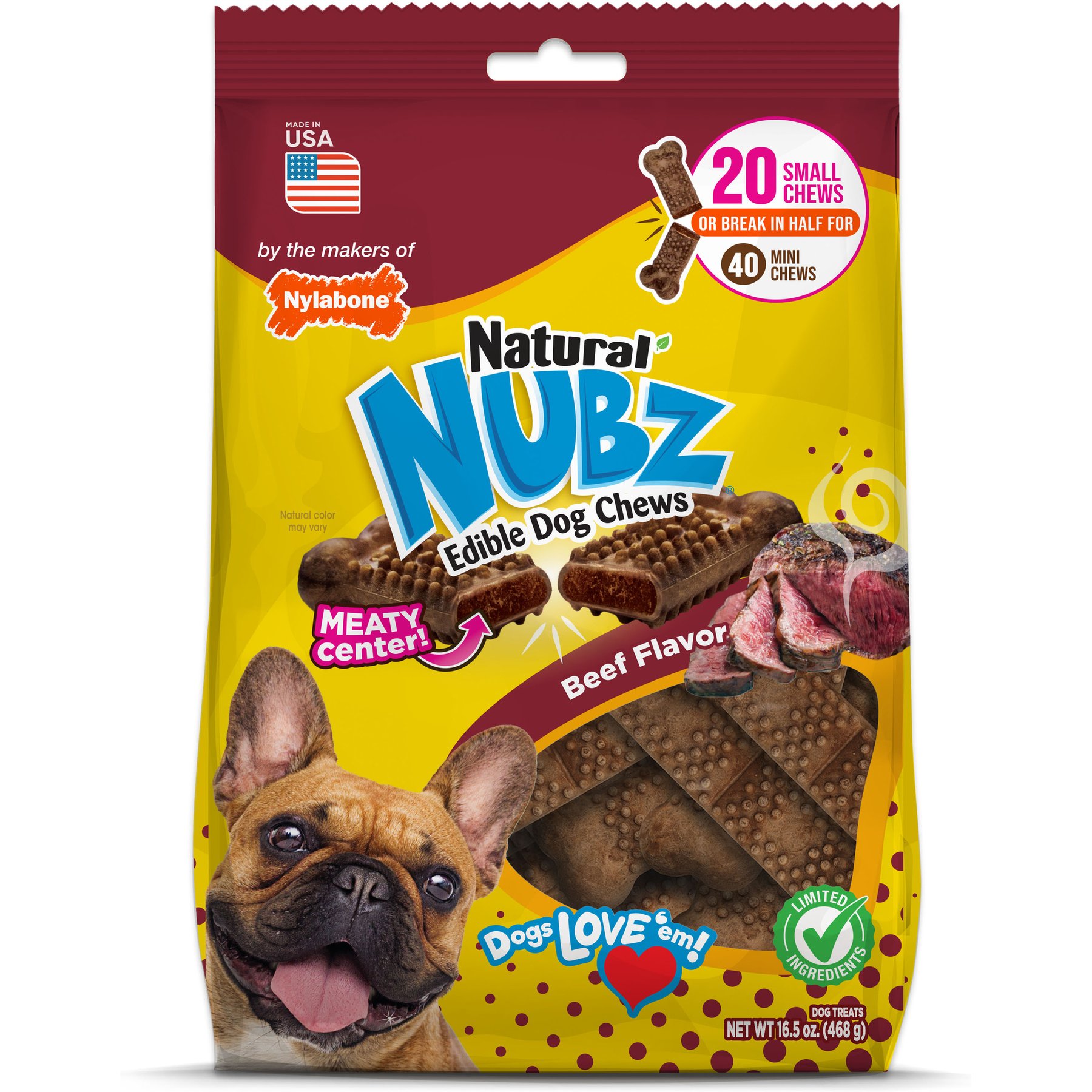 Nylabone Nubz Meaty Center Small Beef Hard Dog Chew Treats, 20 count