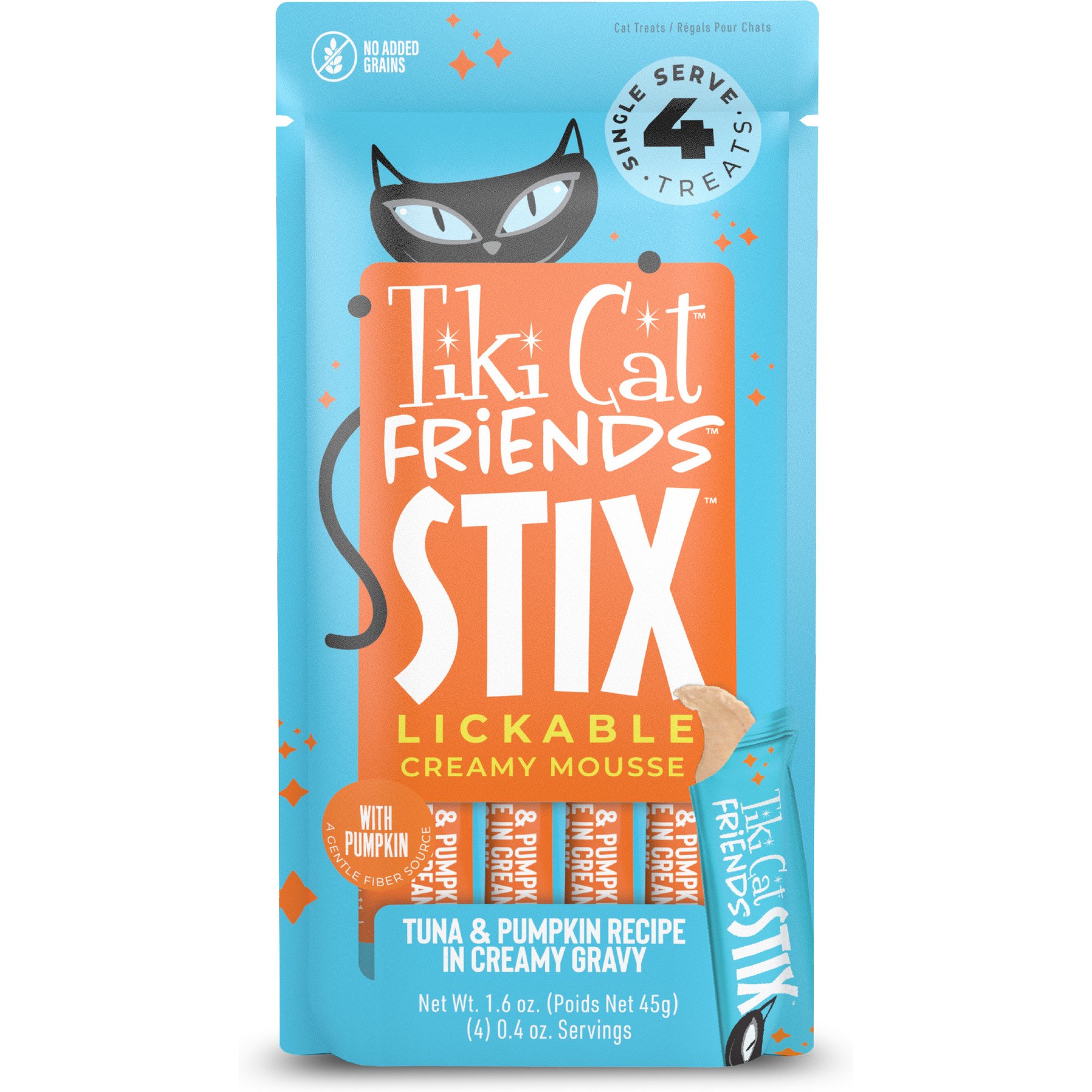 Tiki Cat Friends Stix Grain-Free Tuna & Pumpkin Flavor Lickable Cat Treats, 1.6-oz pouch, 4 count