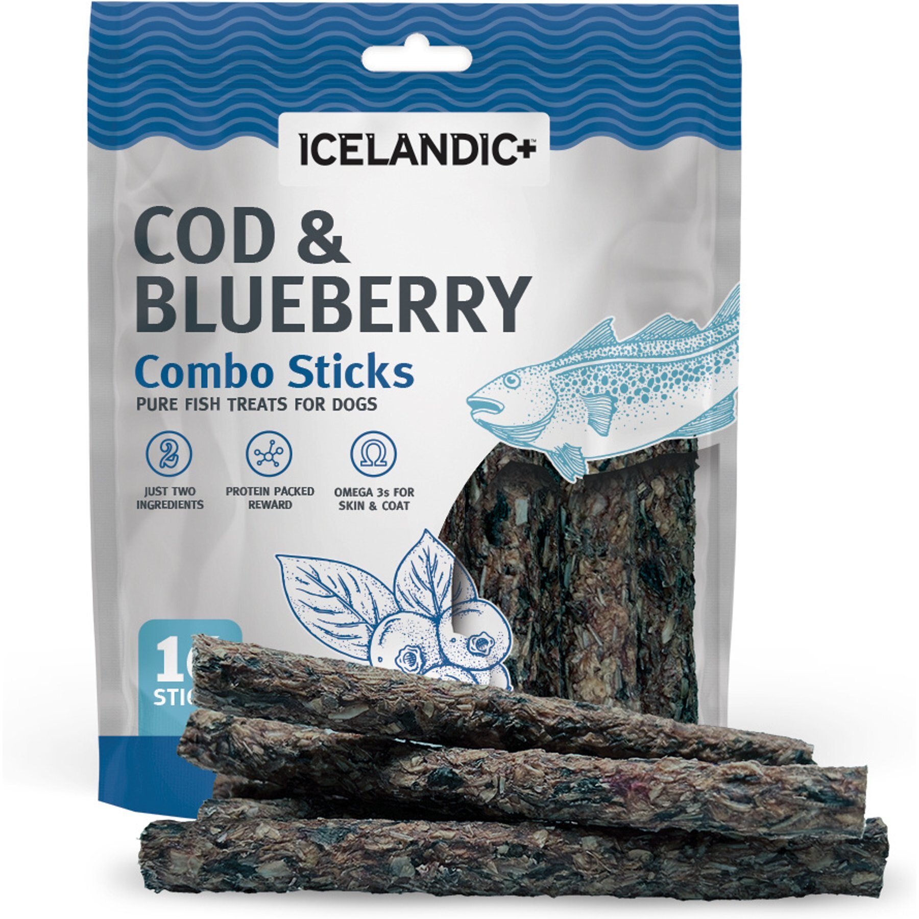 Icelandic+ Cod & Blueberry Combo Sticks Natural Dehydrated Dog Treats, 16-count pouch
