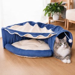 Kylinsure 2-in-1 Collapsible Indoor Tower Wheel Stuff Bunny Ferret Tunnel Tube Hideout Toy Covered Dog & Cat Bed with Removable Washable Mat, Medium, Blue