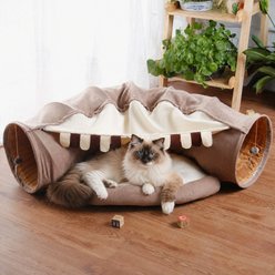 Kylinsure 2-in-1 Collapsible Indoor Tower Wheel Stuff Bunny Ferret Tunnel Tube Hideout Toy Covered Dog & Cat Bed with Removable Washable Mat, Medium, Coffee