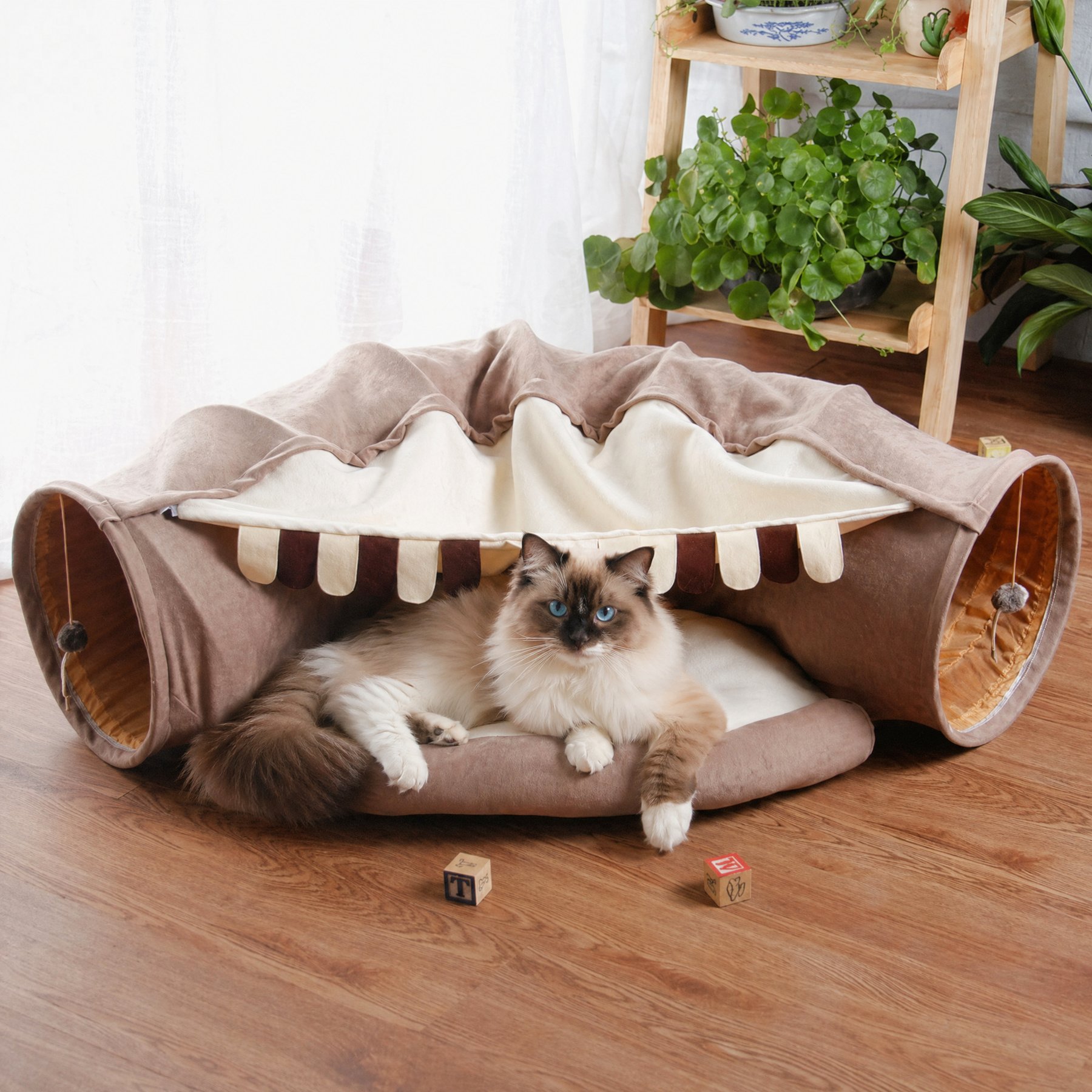Kylinsure 2-in-1 Collapsible Indoor Tower Wheel Stuff Bunny Ferret Tunnel Tube Hideout Toy Covered Dog & Cat Bed with Removable Washable Mat, Medium, Coffee