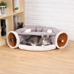 Kylinsure 2-in-1 Collapsible Indoor Tower Wheel Stuff Bunny Ferret Tunnel Tube Hideout Toy Covered Dog & Cat Bed with Removable Washable Mat, Medium, Grey