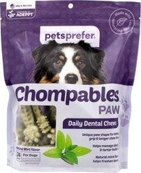 PetsPrefer Chompables Paw Shaped Mint Dental Dog Chew Treats, 25.49-oz pouch, 24 count