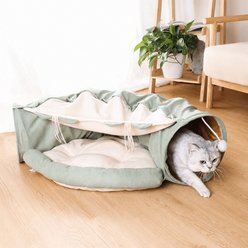 Kylinsure 2-in-1 Collapsible Indoor Tower Wheel Stuff Bunny Ferret Tunnel Tube Hideout Toy Covered Dog & Cat Bed with Removable Washable Mat, Medium, Green