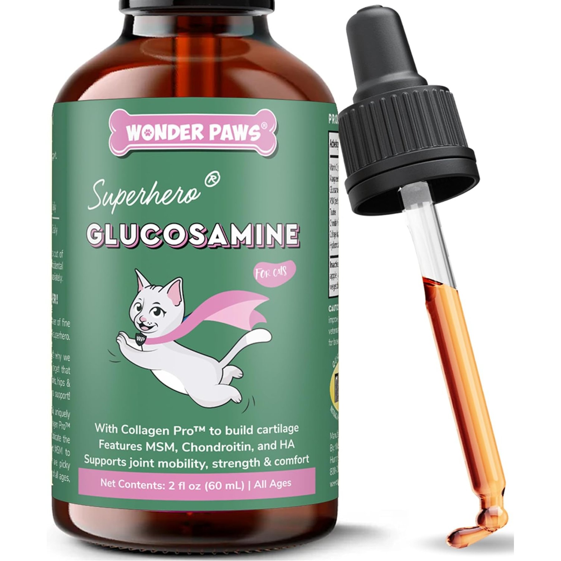 Wonder Paws Premium Bacon Flavored Liquid Glucosamine Joint Support Supplement for Cats, 2-fl oz bottle