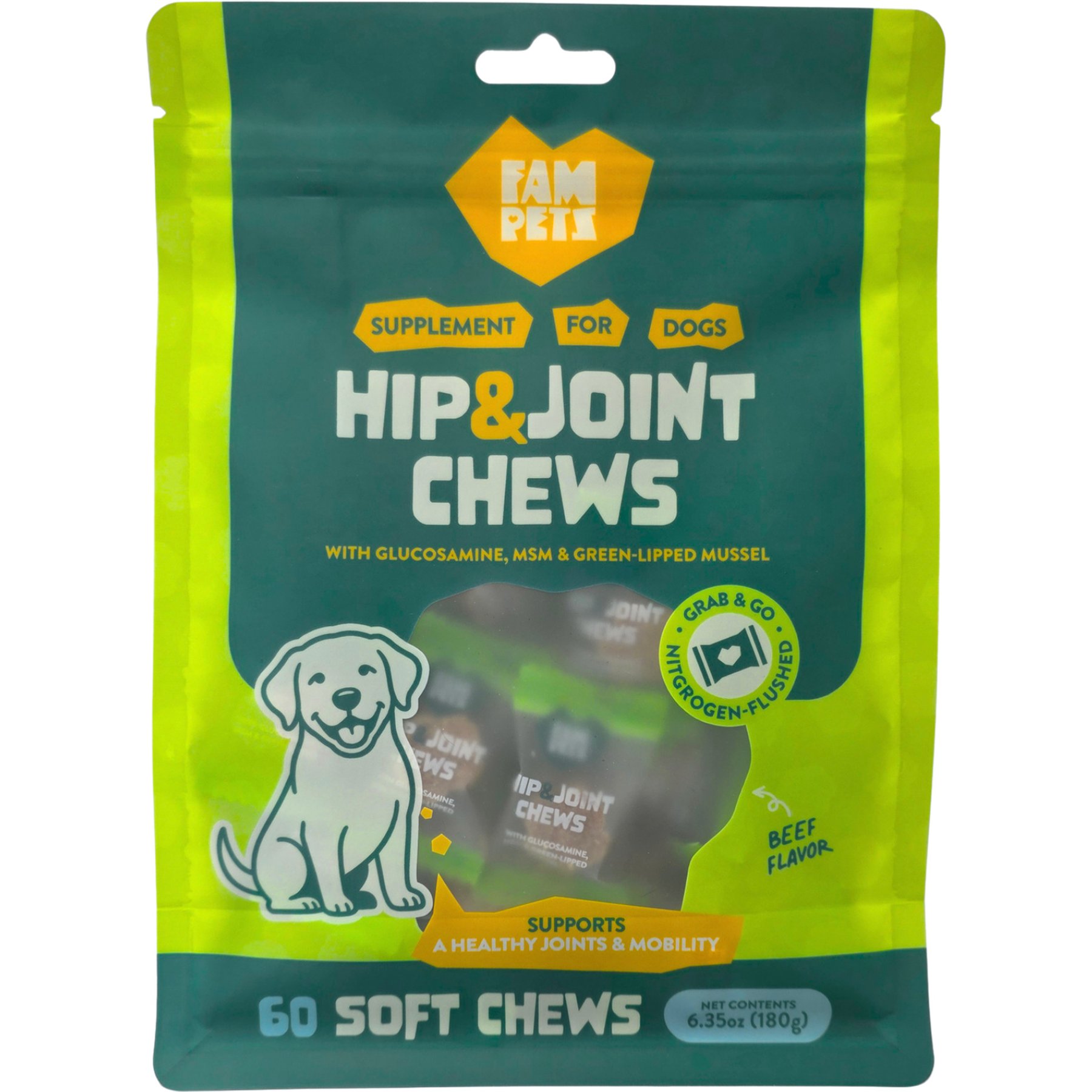 FAM Pets Hip & Joint Glucosamine, MSM & Green-Lipped Mussel Soft Chews Supplement for Dogs, 60 count