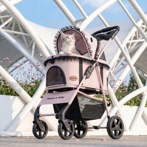 Happy & Polly Luxury Foldable Stroller with Shock-Absorbing Wheels for Small Dogs & Cats, Pink