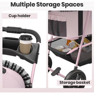 Happy & Polly Luxury Foldable Stroller with Shock-Absorbing Wheels for Small Dogs & Cats, Pink