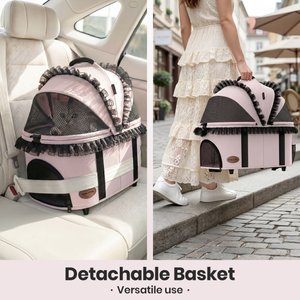 Happy & Polly Luxury Foldable Stroller with Shock-Absorbing Wheels for Small Dogs & Cats, Pink